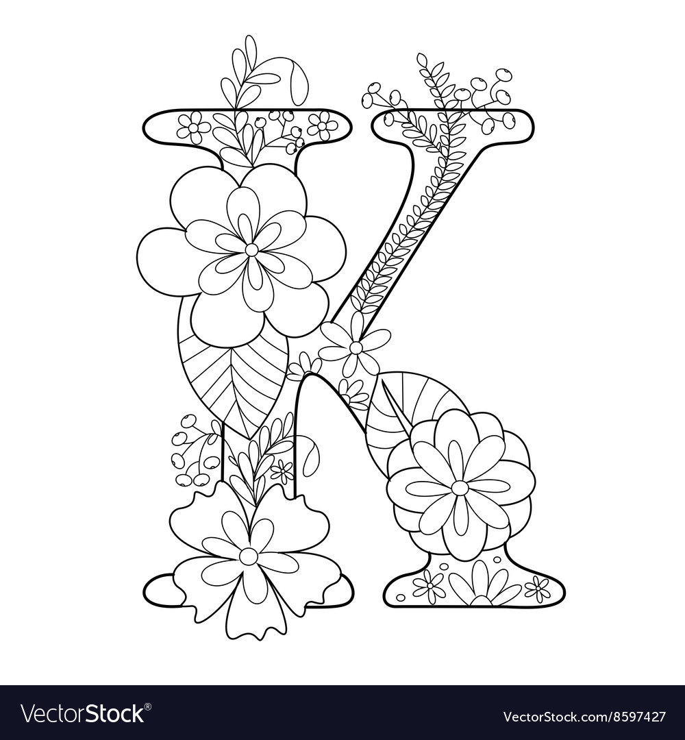 Letter K coloring book for adults Royalty Free Vector Image