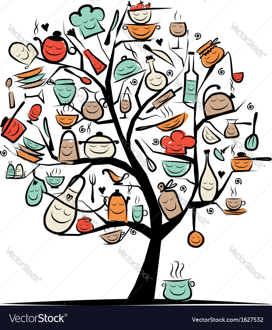 Art Tree With Kitchen Utensils Sketch Drawing For Vector Image