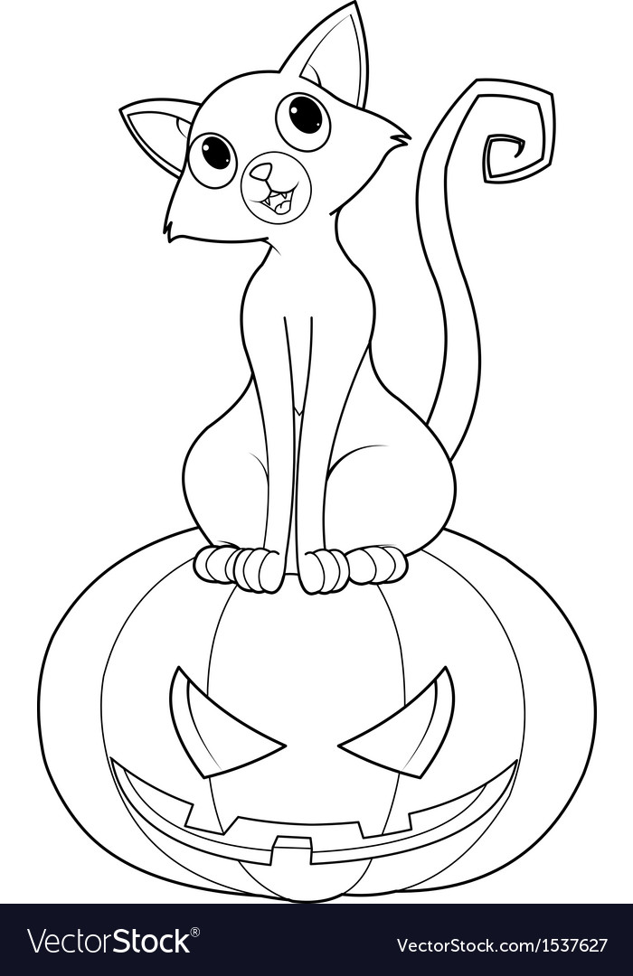 Halloween Cat on pumpkin coloring page Royalty Free Vector