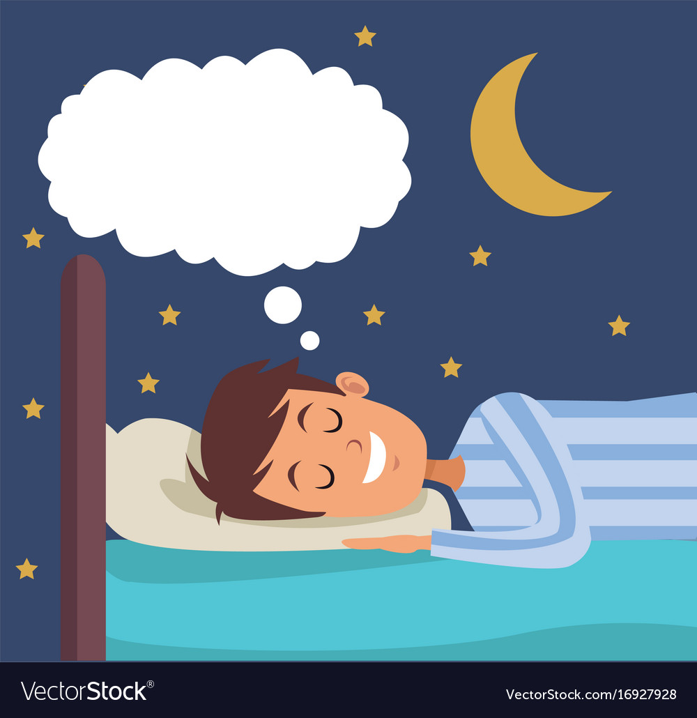 Colorful scene boy dreaming in bed at night Vector Image