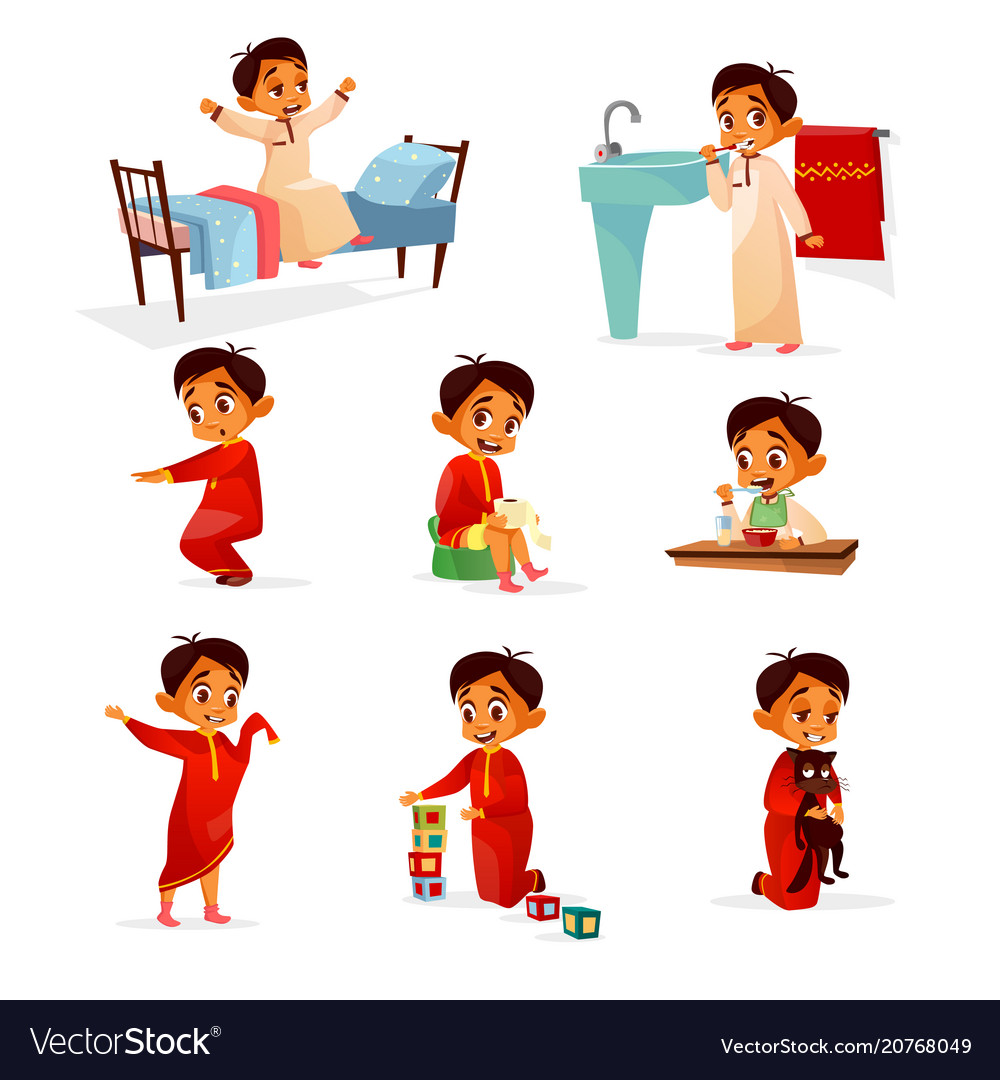 Download Muslim boy kid daily routine cartoon Royalty Free Vector