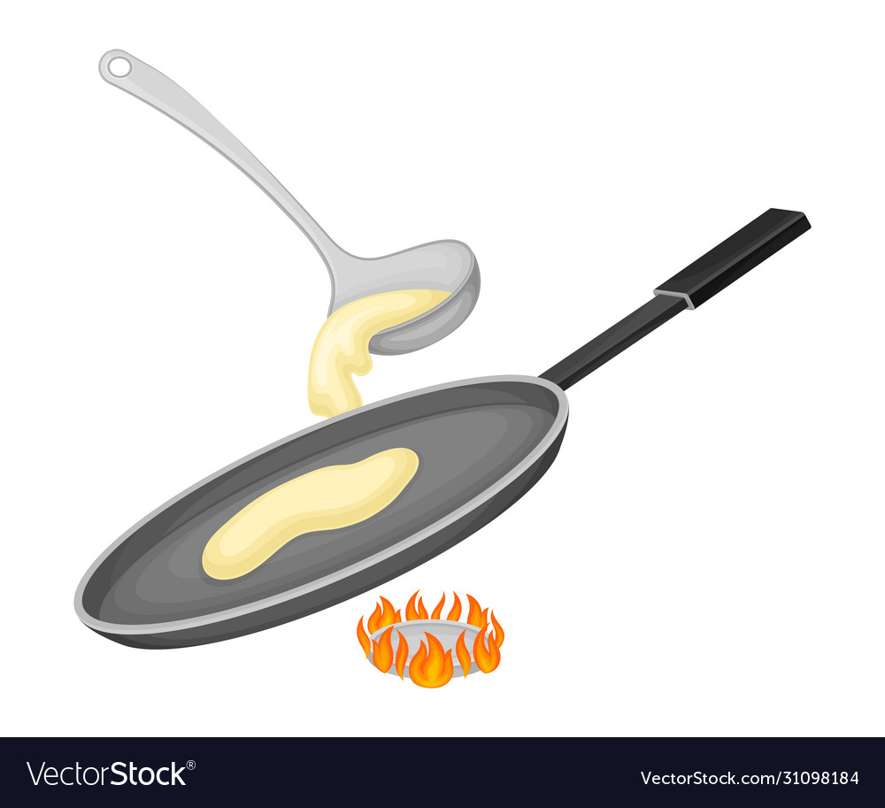 Batter pouring on frying pan for pancake cooking Vector Image