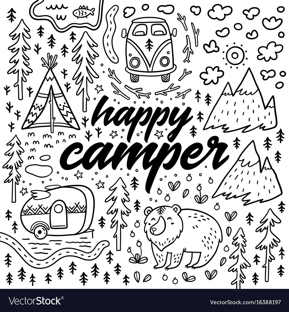 Happy Camper Hand Drawn Card Cartoon Vector Image Happy Camper Hand Drawn Card Cartoon Vector Image