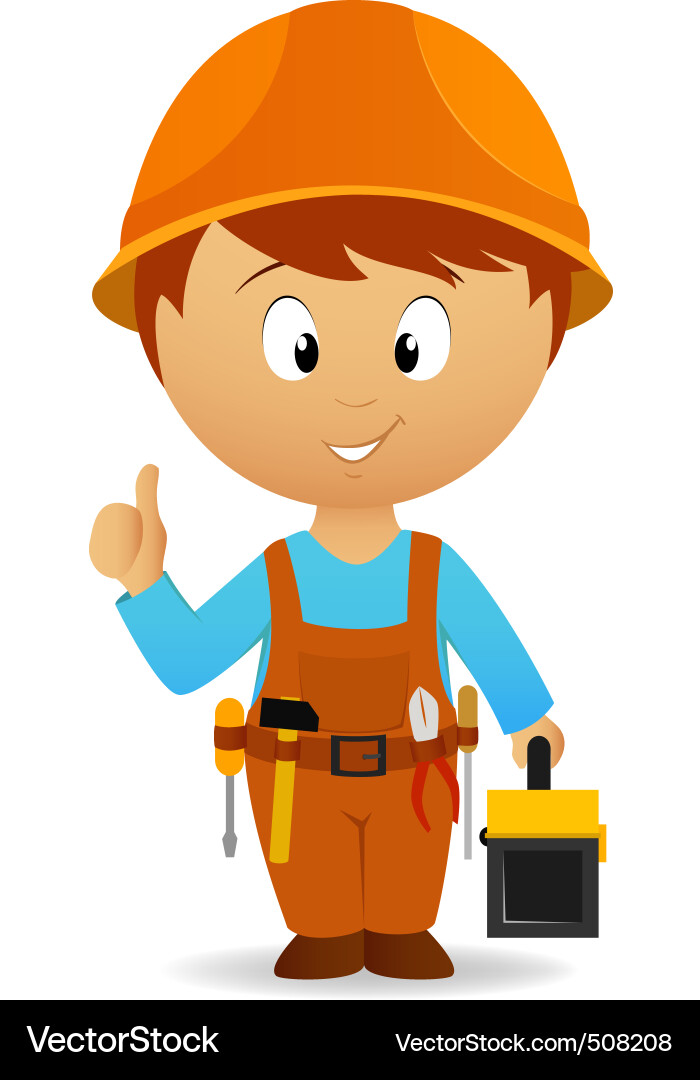 Cartoon handyman with tools belt and toolbox Vector Image