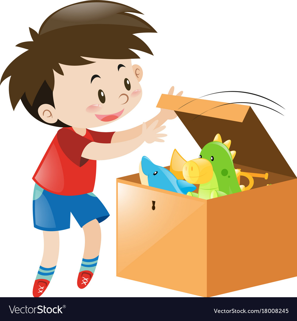 Boy open box full of toys Royalty Free Vector Image