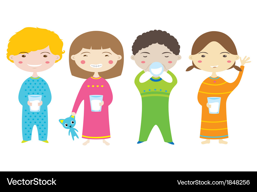 Happy Children Drinking Milk Before Bedtime Vector Image