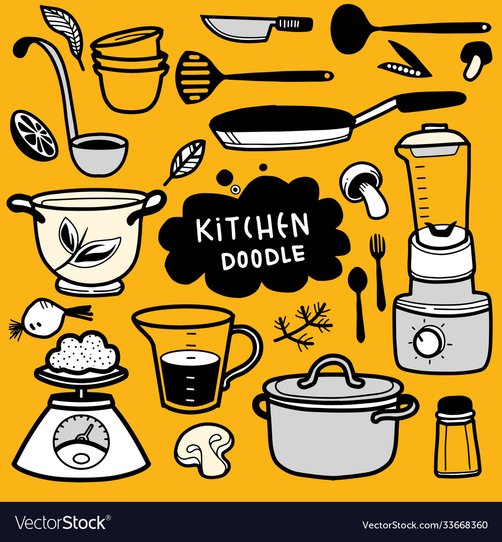 Set kitchen utensil doodle Royalty Free Vector Image