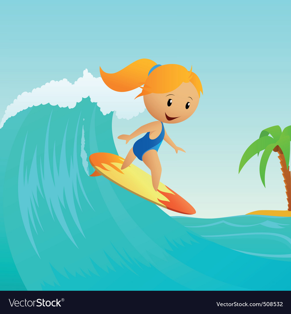 Download Cartoon cute little girl surfing on waves Vector Image