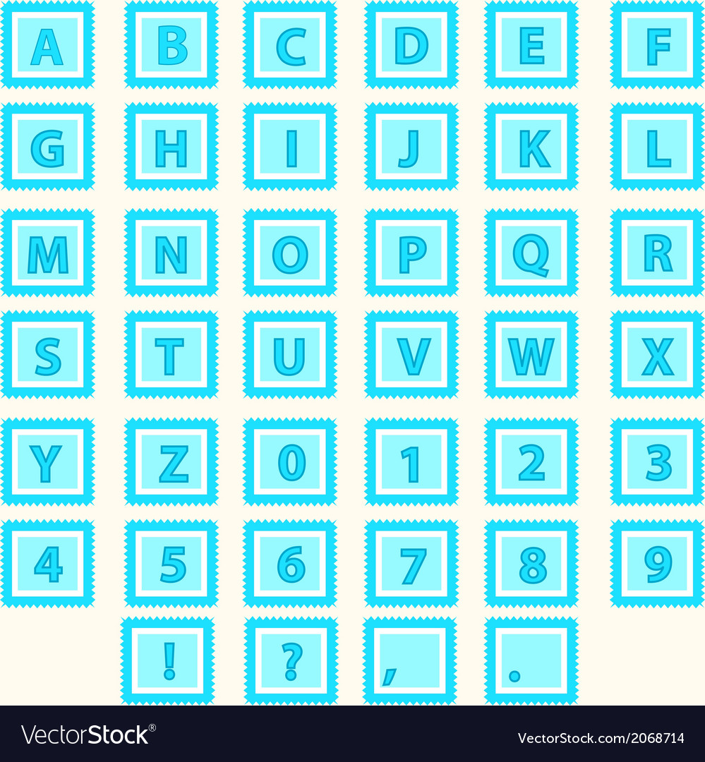 Alphabet Set letters in blue squares Royalty Free Vector
