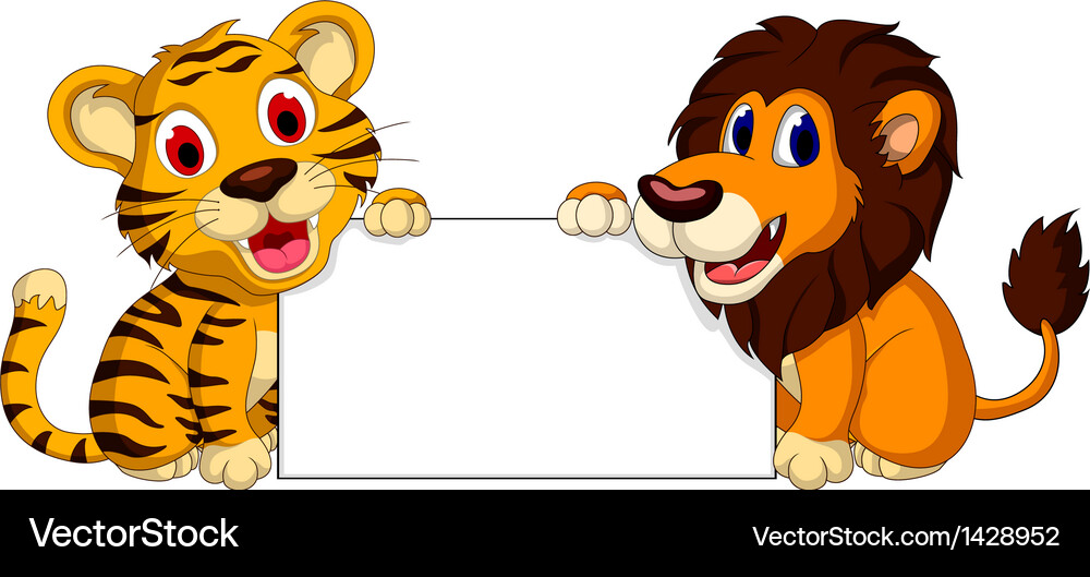 Cute lion and tiger cartoon with blank sign Royalty Free Vector Image ...