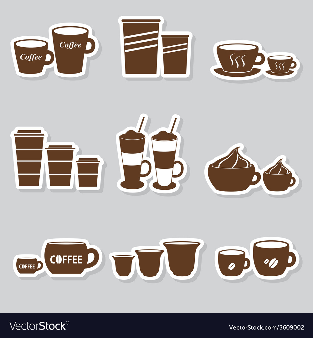 Coffee Cupugs Sizes Variations Stickers Set Coffee Cupugs Sizes Variations Stickers Set Vector Image