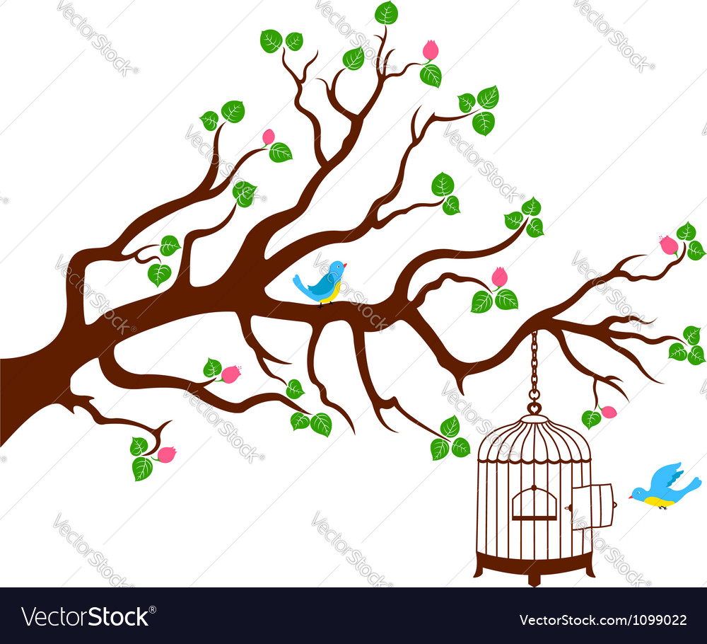Tree Branch With Bird Cage And Two Birds Royalty Free Tree Branch With Bird Cage And Two Birds Royalty Free