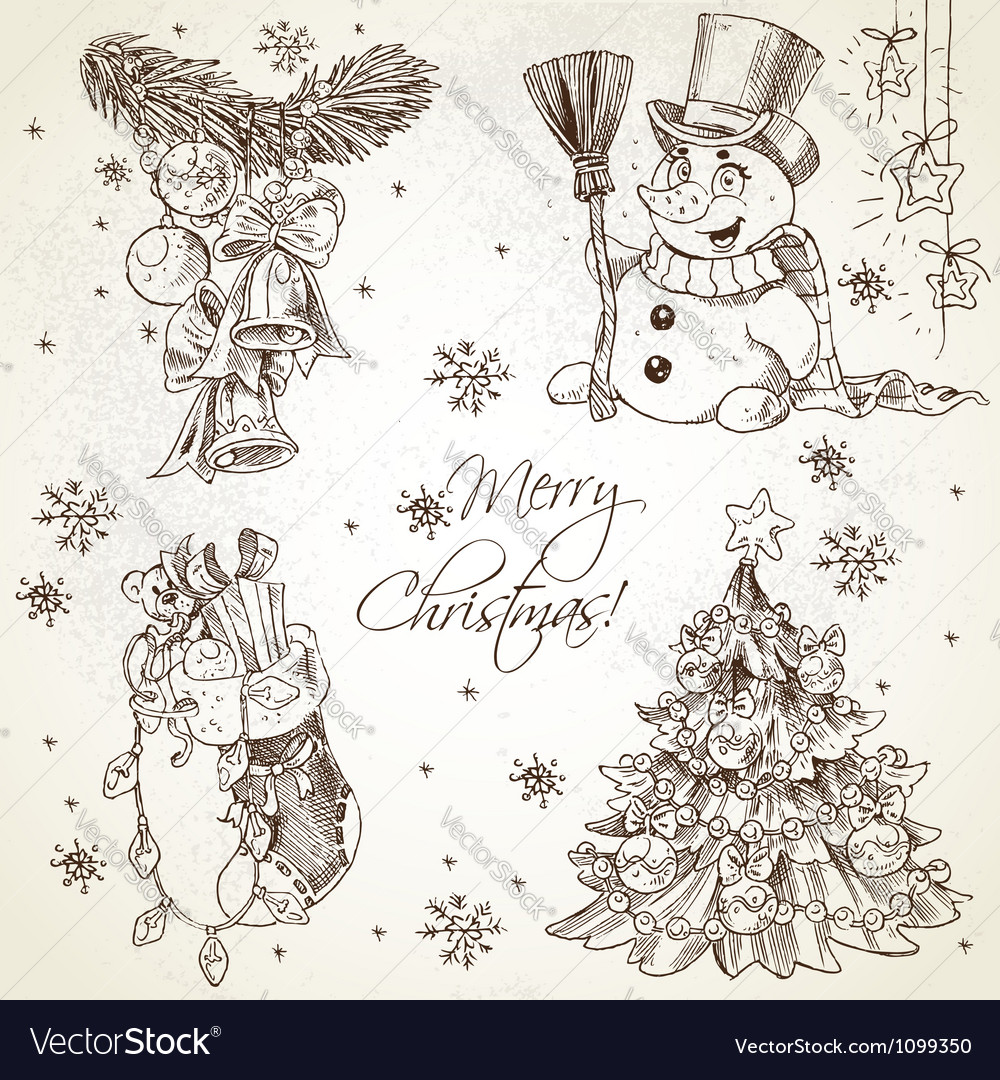 Merry Christmas vintage sketch draw set Royalty Free Vector