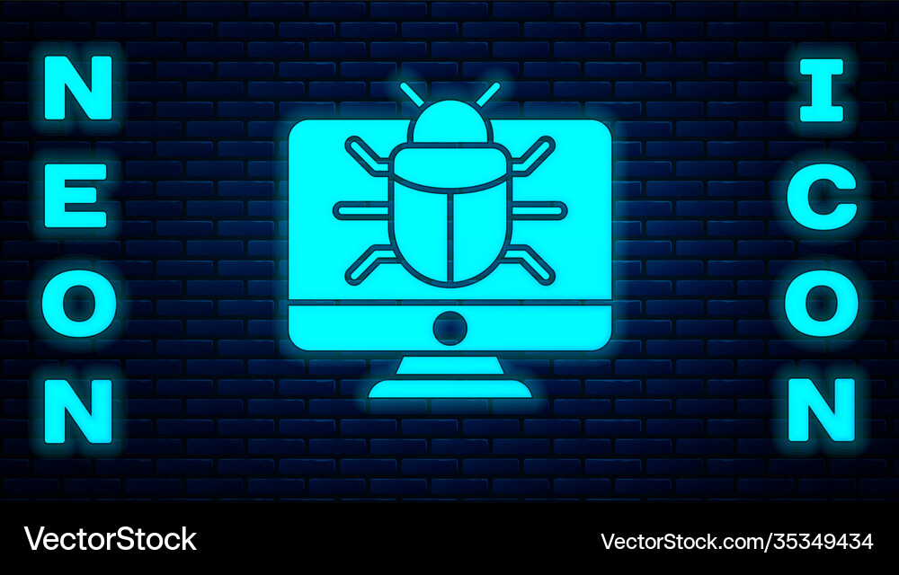 Glowing neon system bug on monitor icon isolated Vector Image