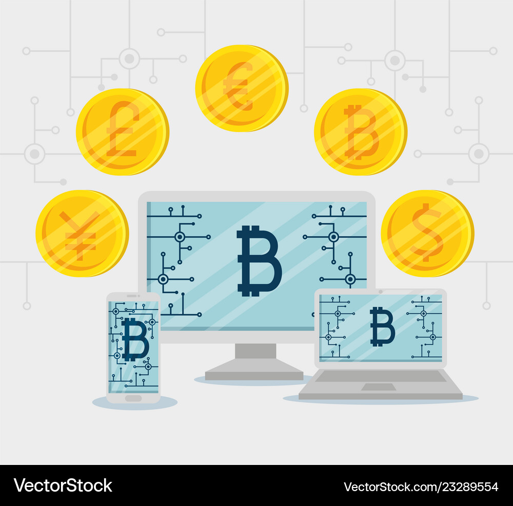 Computer with laptop and smartphone exchange coins
