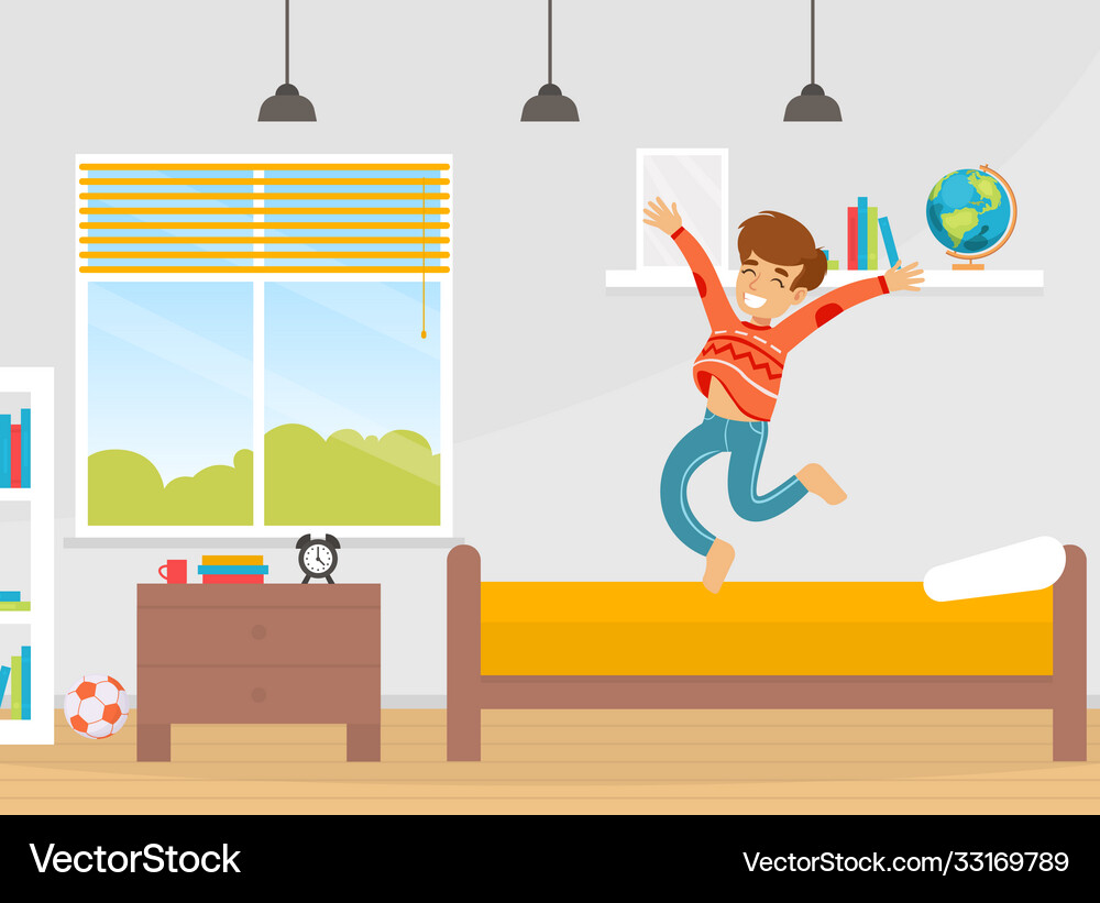 Happy smiling boy jumping on his bed like Vector Image
