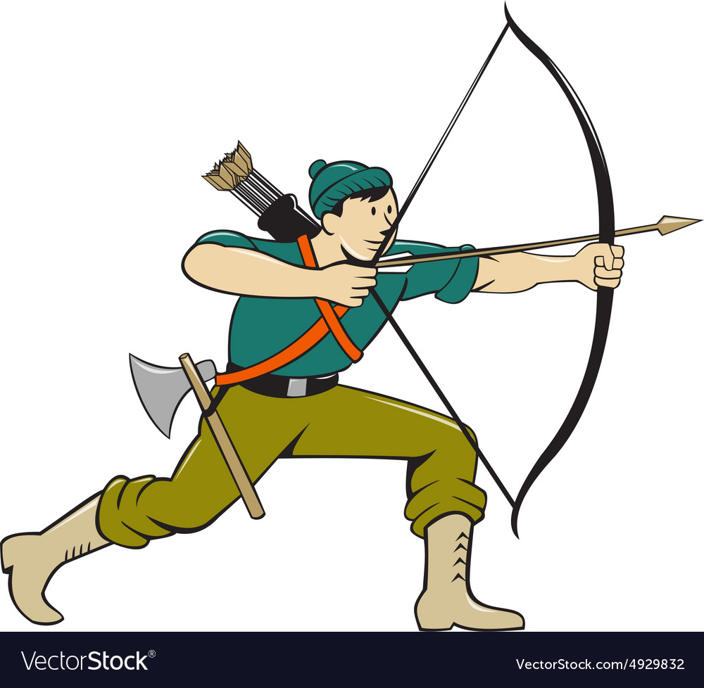 Archer Aiming Long Bow Arrow Cartoon Royalty Free Vector