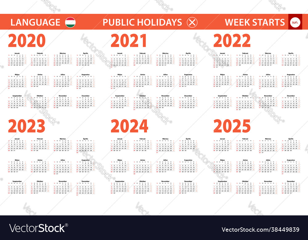 20202025 year calendar in hungarian language Vector Image