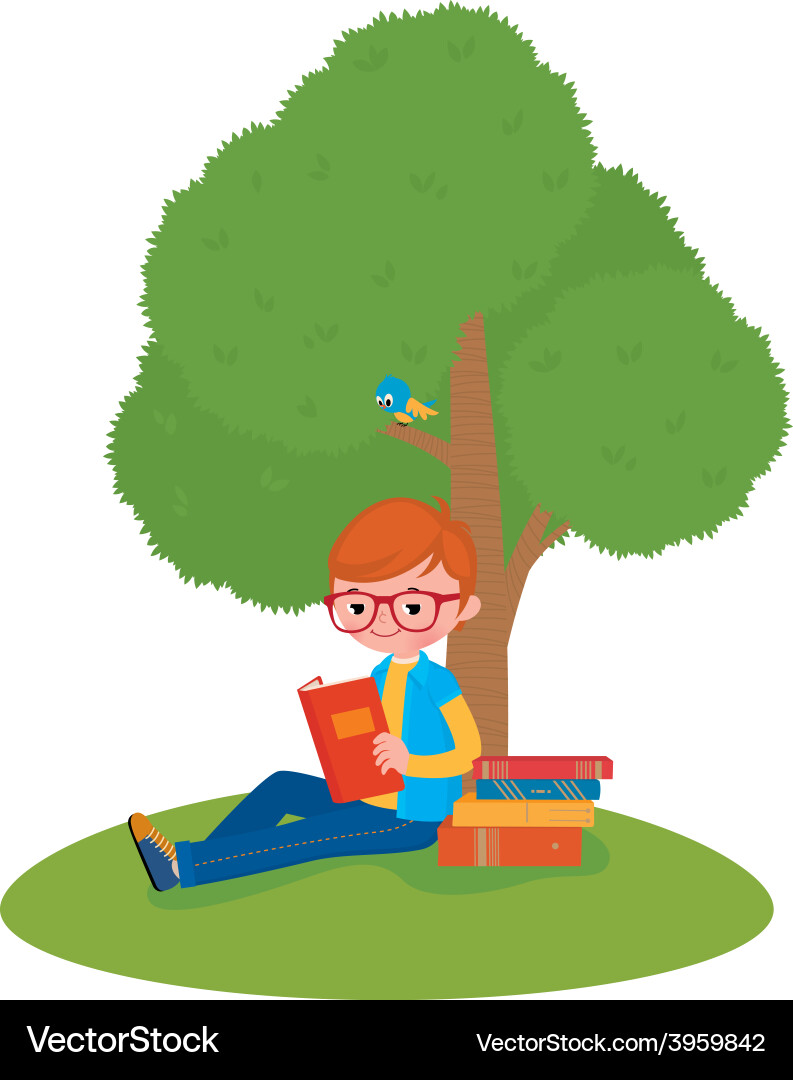 Boy reading a book sitting under a tree Royalty Free Vector
