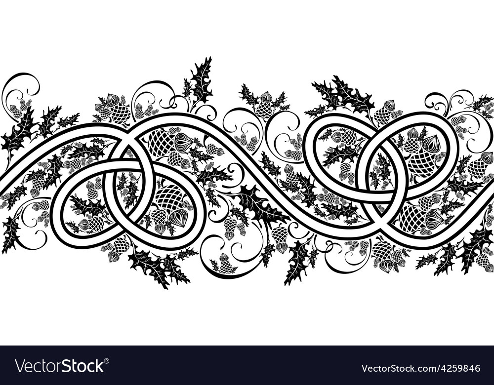 Border with celtic ornament and flowers thistle Royalty Free Vector