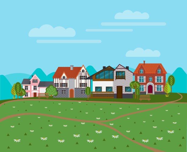 Morning Rural Vector Farm fields and gardens country houses rural Vector Image