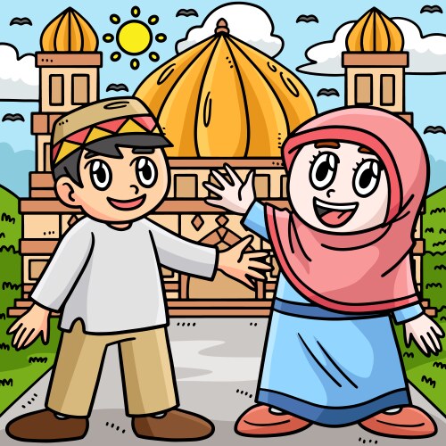 ramadan happy muslim kids colored cartoon vector image