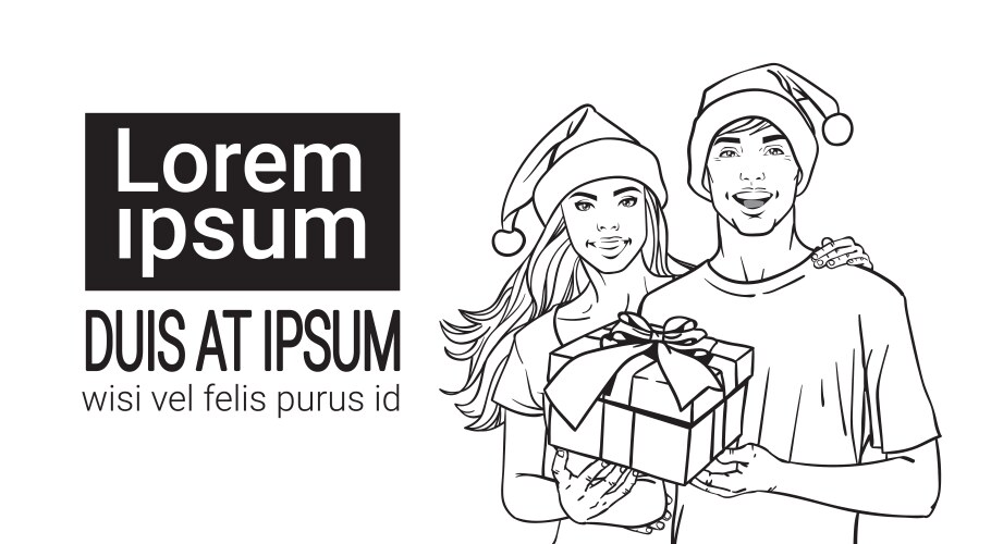 Couple Holding Gift Box - Santa Hats Vector Image