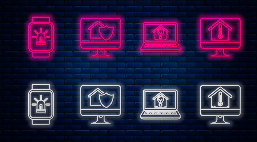 Set line computer monitor with house under vector image