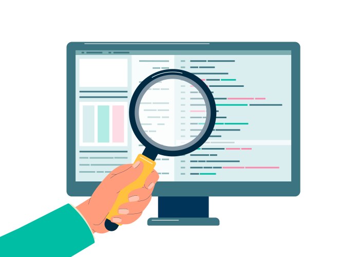 Programmer Inspecting Code with Magnifier vector image