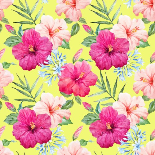 Tropical Watercolor Hibiscus Pattern Vector Image