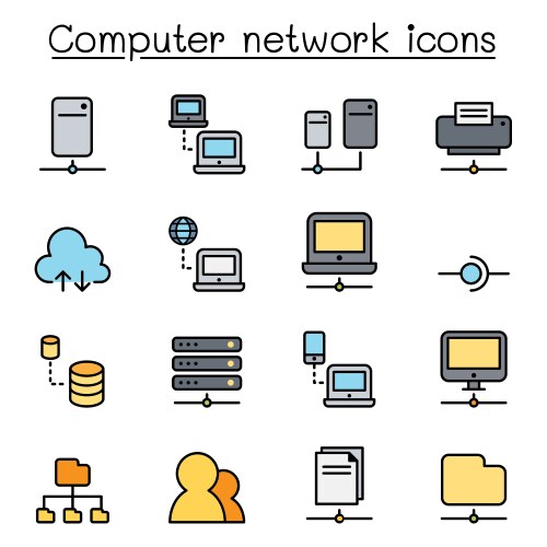Computer network icon set in color line style vector image