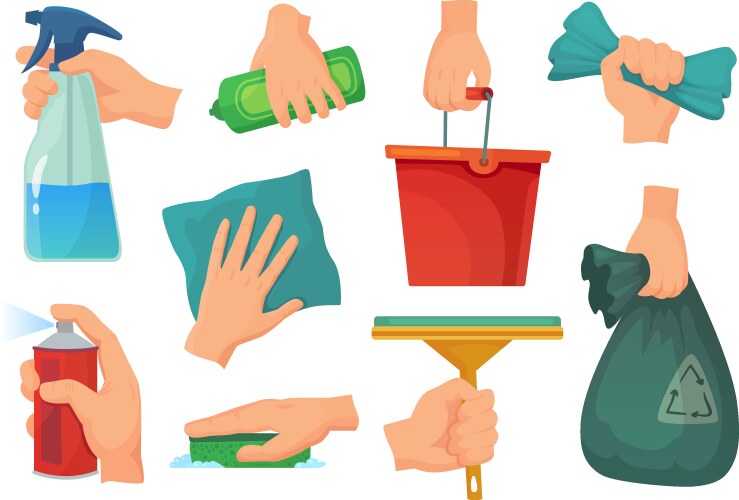 Hands with cleaning tools and cleanser rag Vector Image