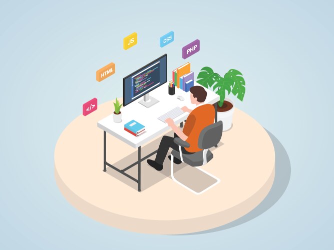 man working on laptop programming coding website vector image