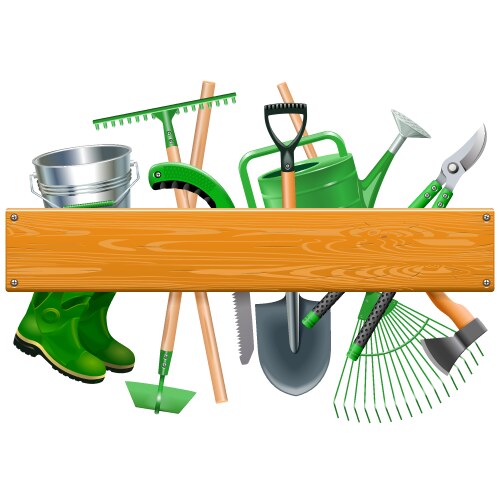 wooden board with garden tools vector image