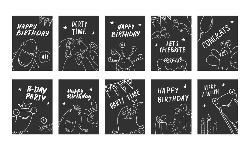 birthday cards set with cute monsters cartoon vector image