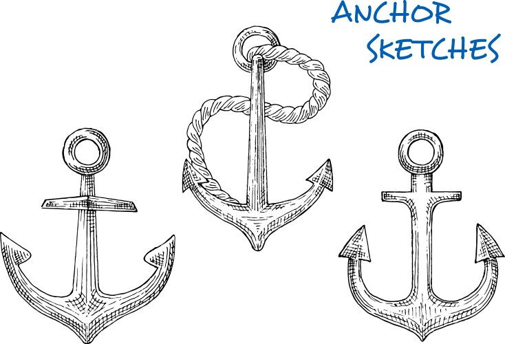 sketches of old ship anchors with rope vector image