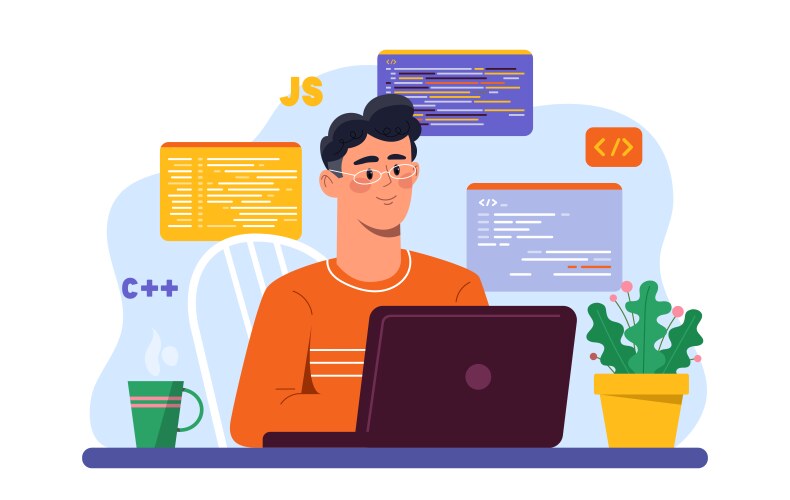 Programmer with laptop man writes code vektorbild
