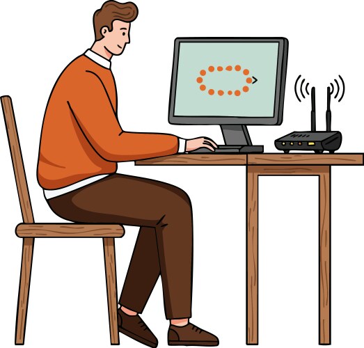 Man working on desktop computer with router vector image