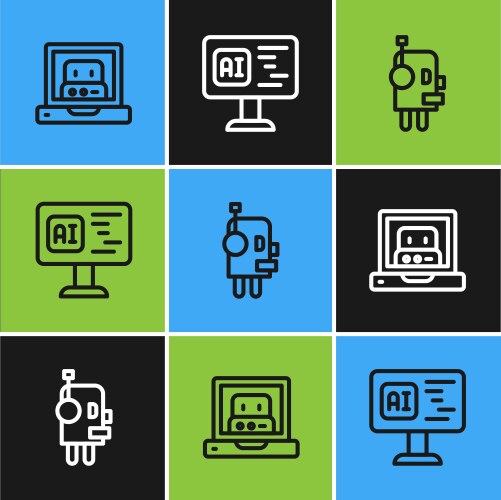 Set line creating robot and software icon vector image