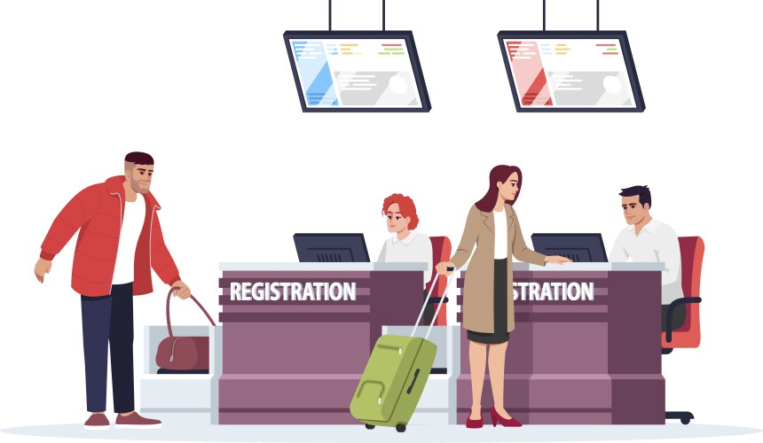 Airport registration desk semi flat rgb color vector image