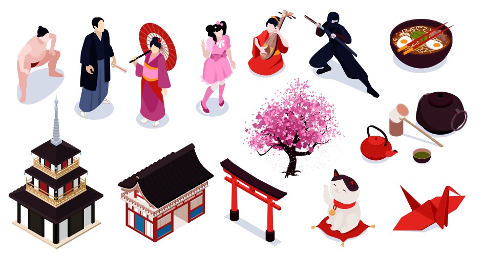 isometric japan icon set vector