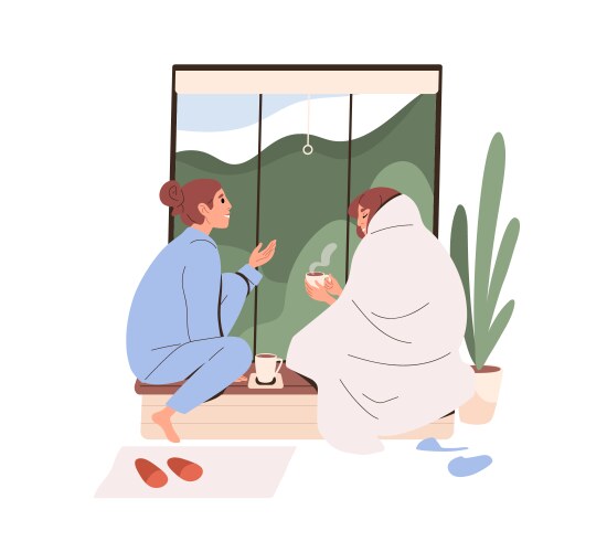 Women friends talk and rest by window at cozy home vector image