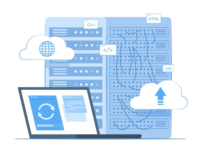 Laptop computer syncing data with cloud server vector image