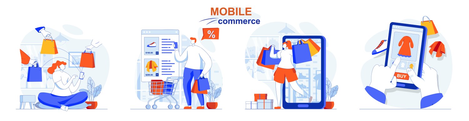 Mobile commerce concept set buyers make purchases vector image