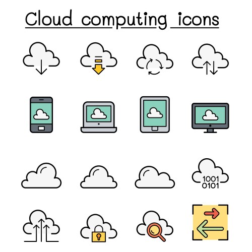 Cloud computing icon set in color line style vector image