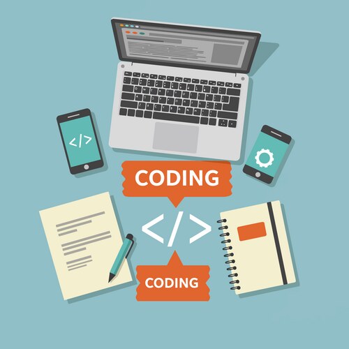 Coding workspace with laptop smartphone notebook vector image