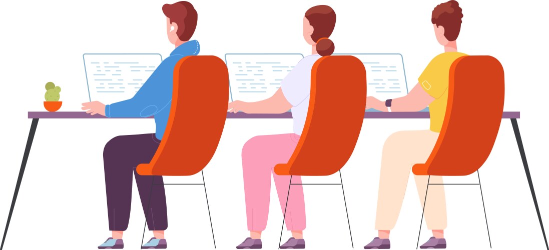 Programmers working at computer desk back view vector image