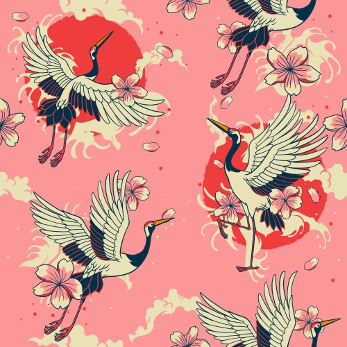 vintage pink seamless japanese heron pattern art vector image