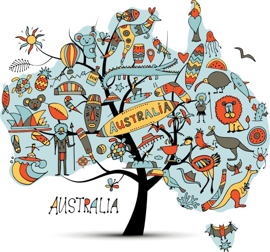 australian map tree with icons set sketch vector