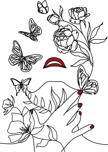 Abstract face with butterfly one line drawing vector image